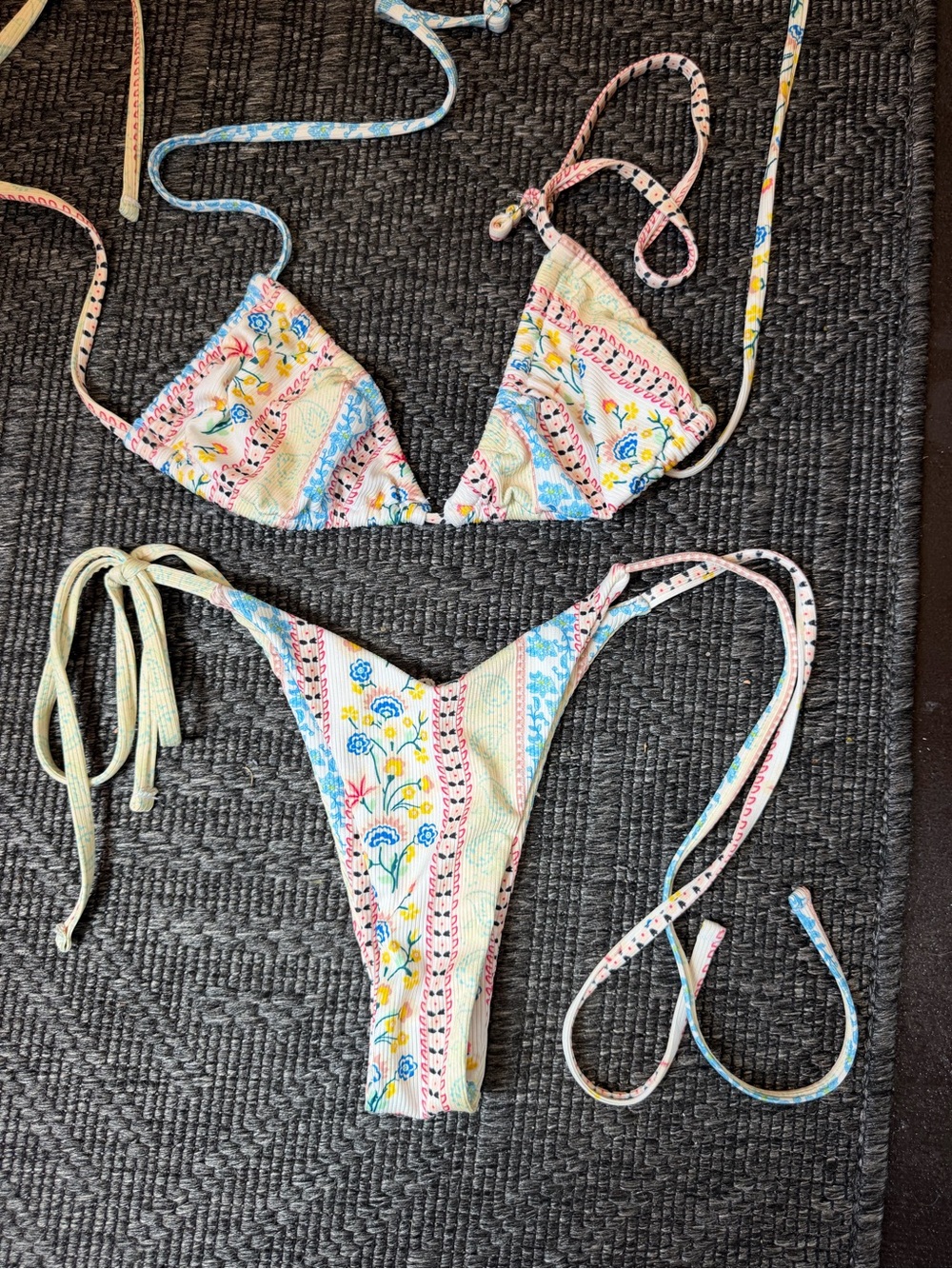 SHEIN Pastel Floral Stripe Triangle Bikini - Blue, Pink, Yellow